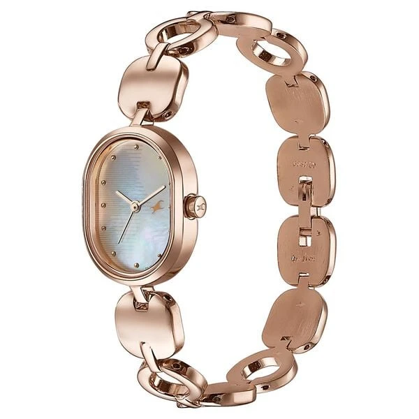 Fastrack Style Up Quartz Analog Mother Of Pearl Dial Rose Gold Metal Strap Watch For Girls Model No.6309WM01