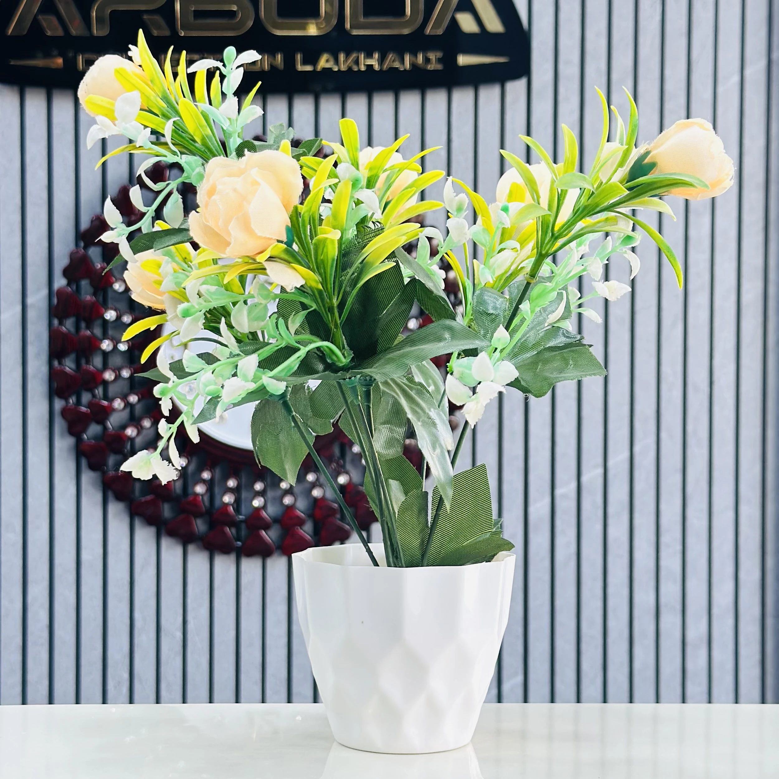 Artificial Yellow Rose Plant with White Pot