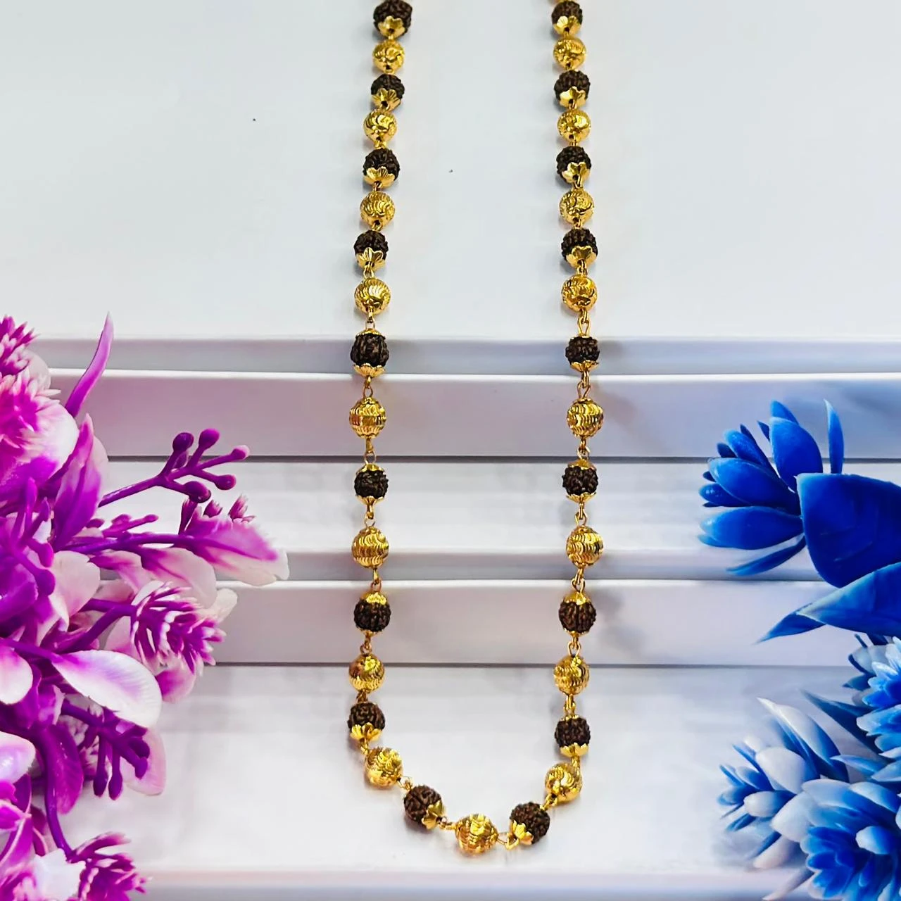Golden Flower Brown Rudraksha Mala