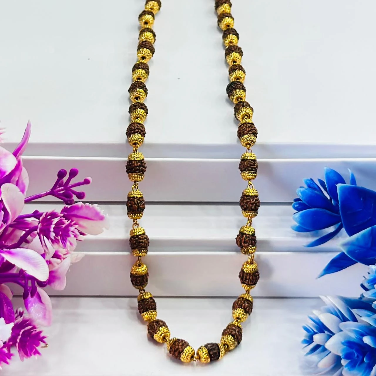 Golden Flower Brown Rudraksha Mala