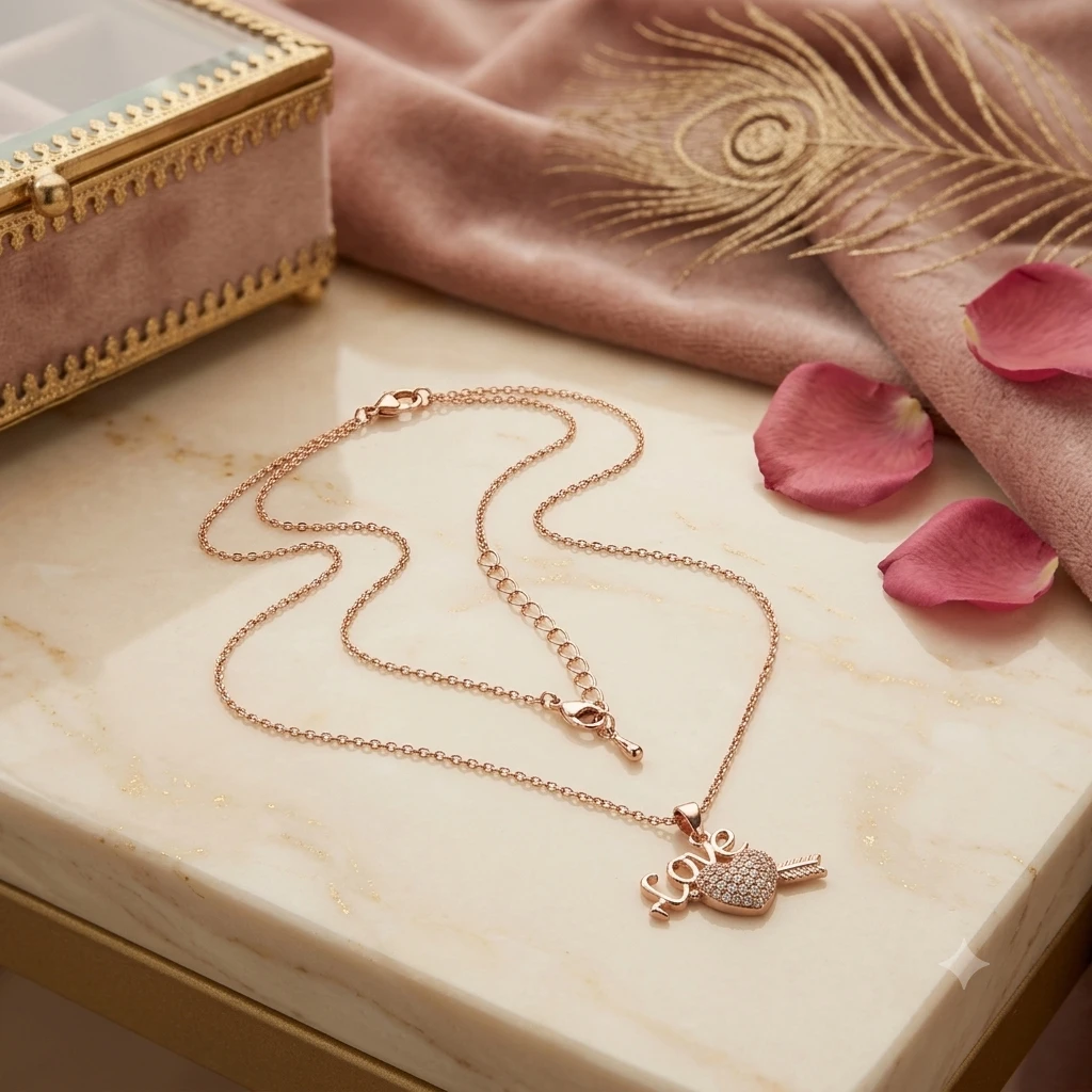 Rose gold necklace set features a heart pendant