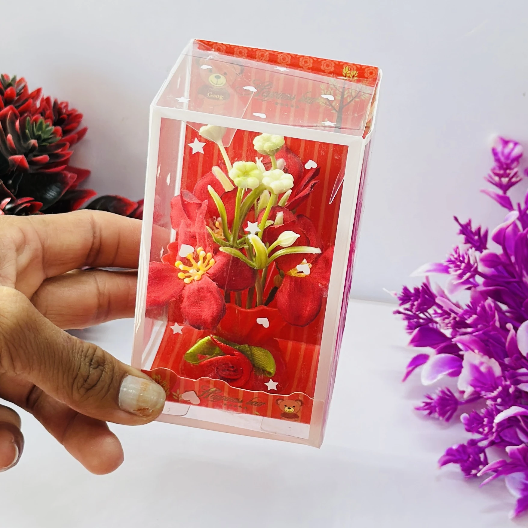 Red Rose flower arrangement in a pot, packaged in a clear plastic gift box.