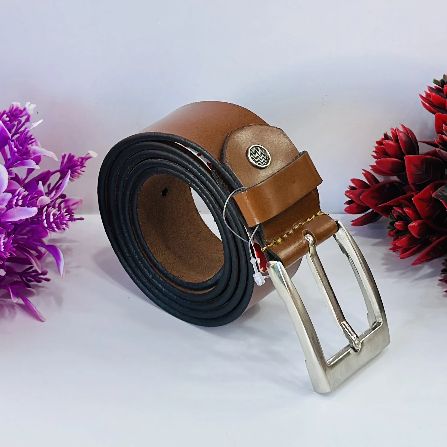 Brown textured leather belt