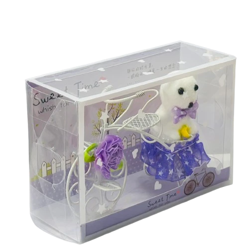 White Plastic Cycle with Teddy Bear and Rose Petals Gift Box
