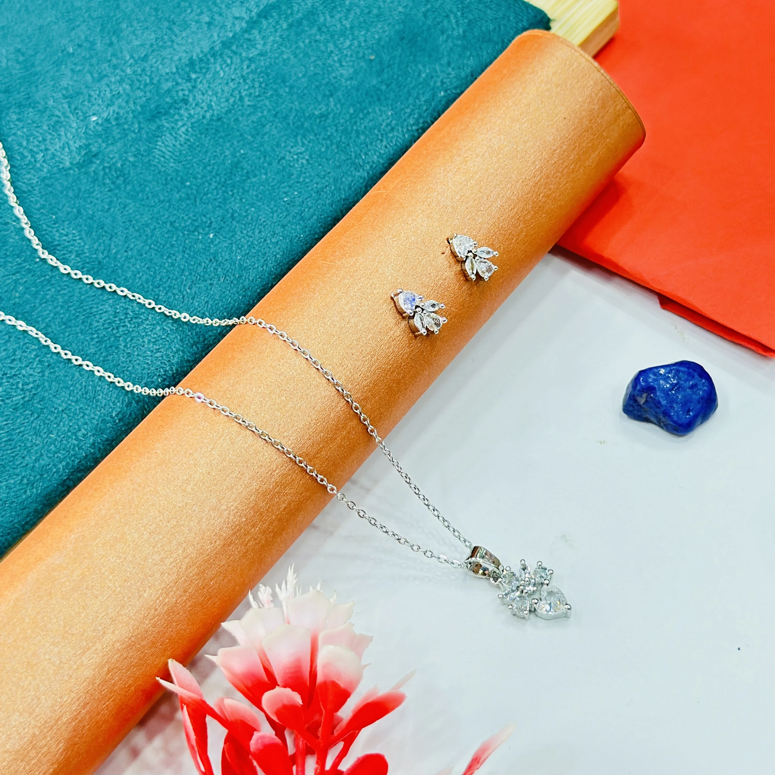 silver-plated floral pendant and earring set