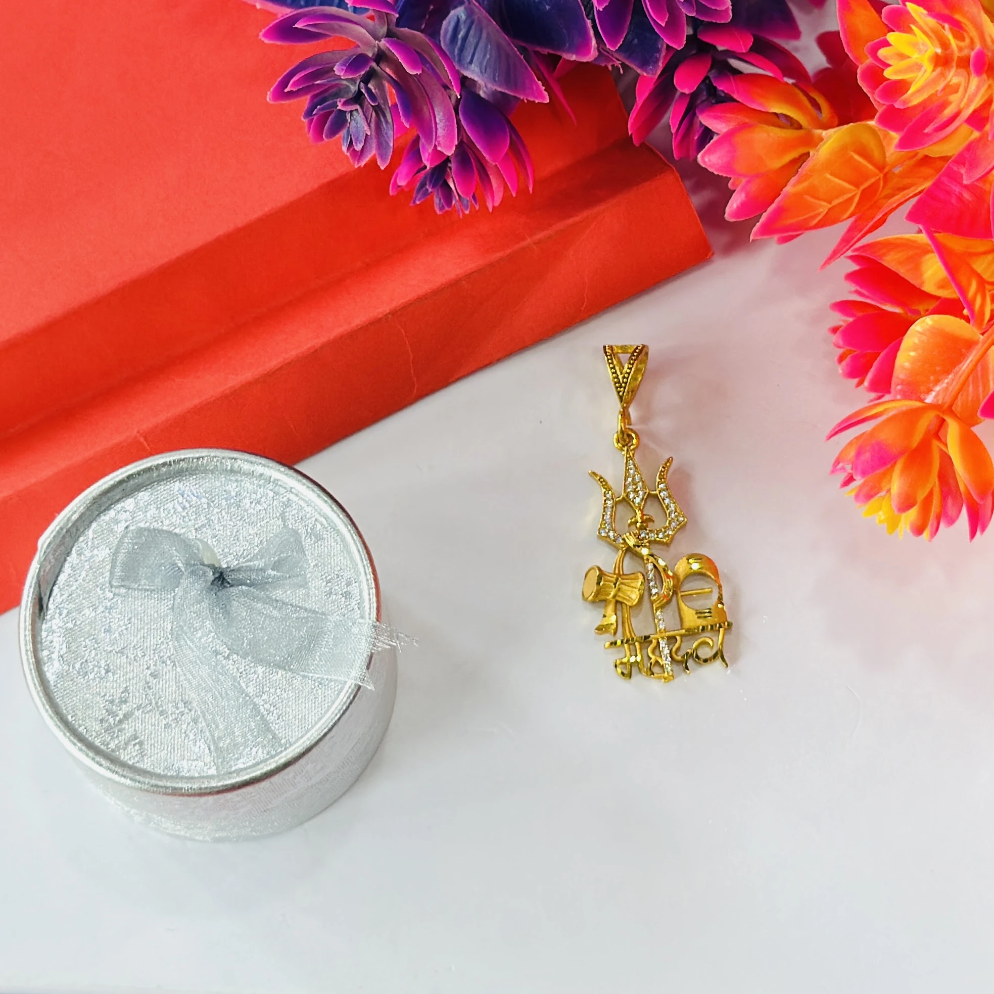 Gold plated brass Lord Shiva Trishul and Damru pendant.