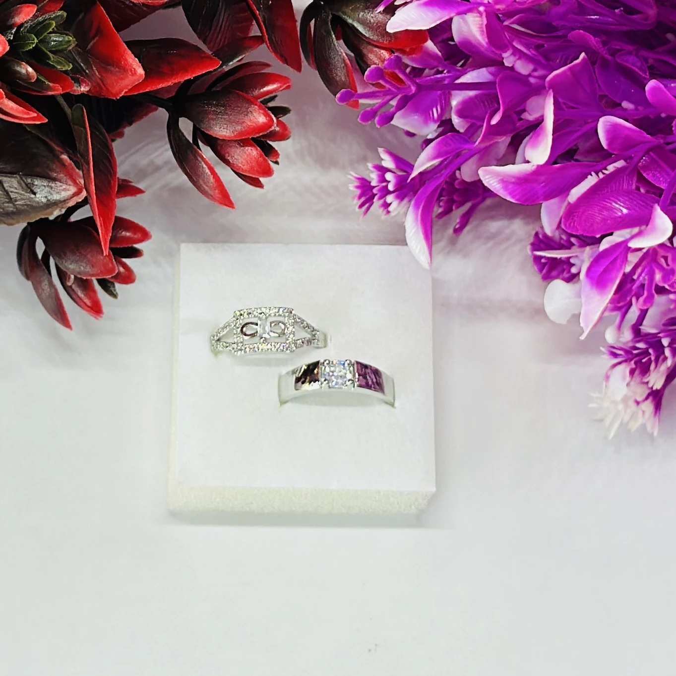 Silver Plated Zirconia Studded Ring Set for Couples