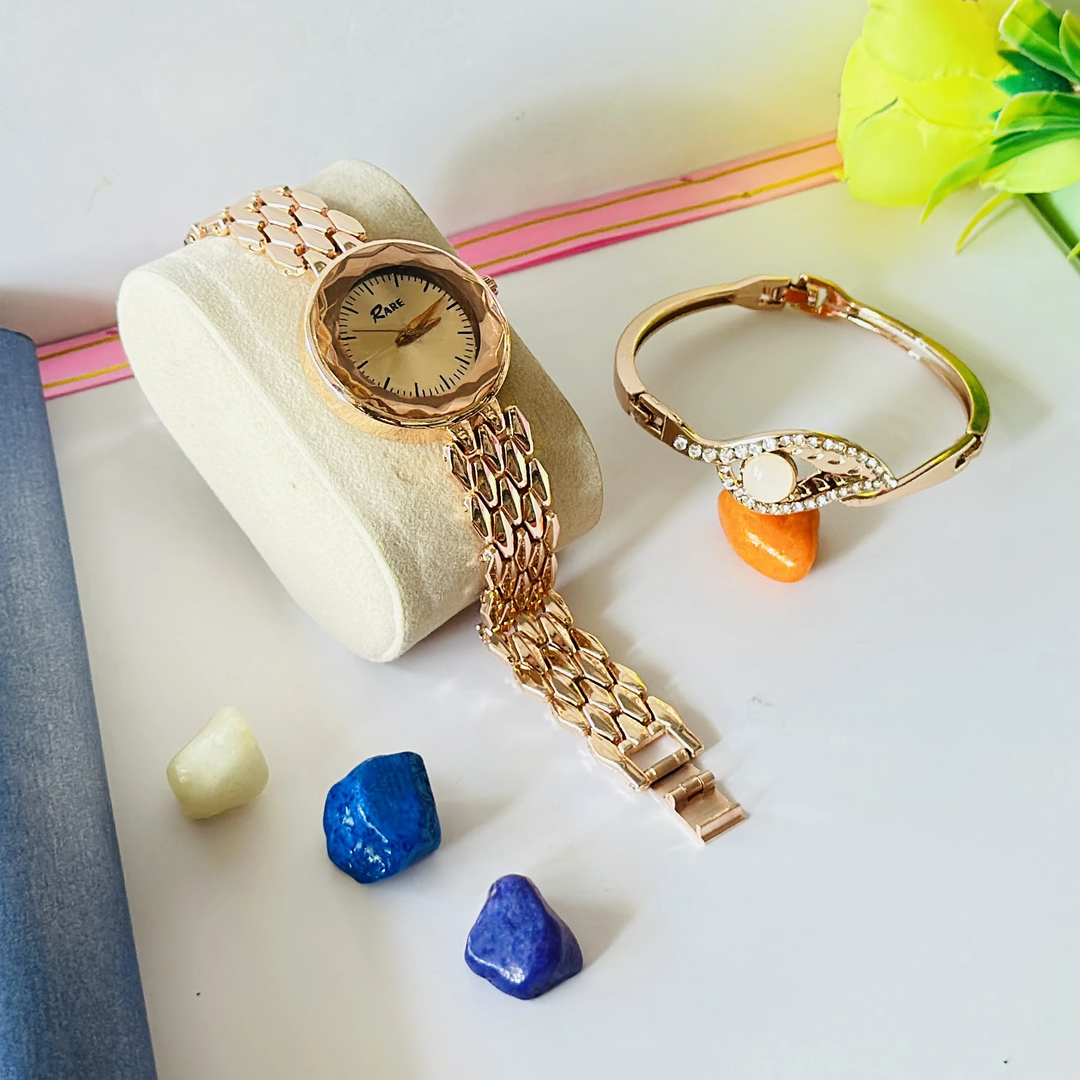 Rare branded rose gold analog watch and matching bracelet set