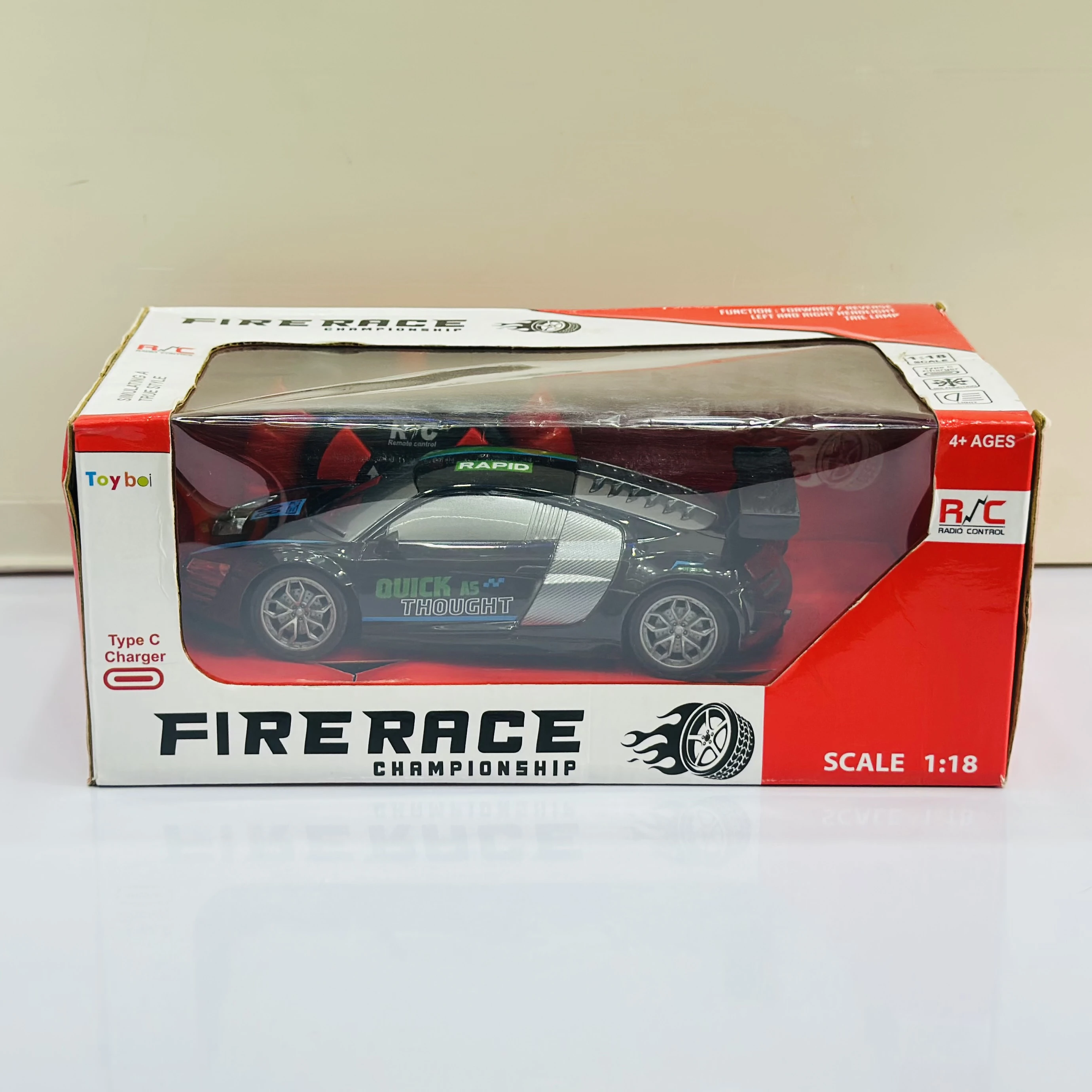 Firerace Championship" 1:18 scale remote-control (R/C) toy car.