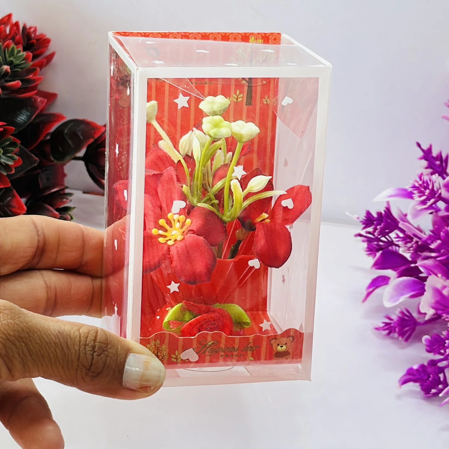 Red Rose flower arrangement in a pot, packaged in a clear plastic gift box.