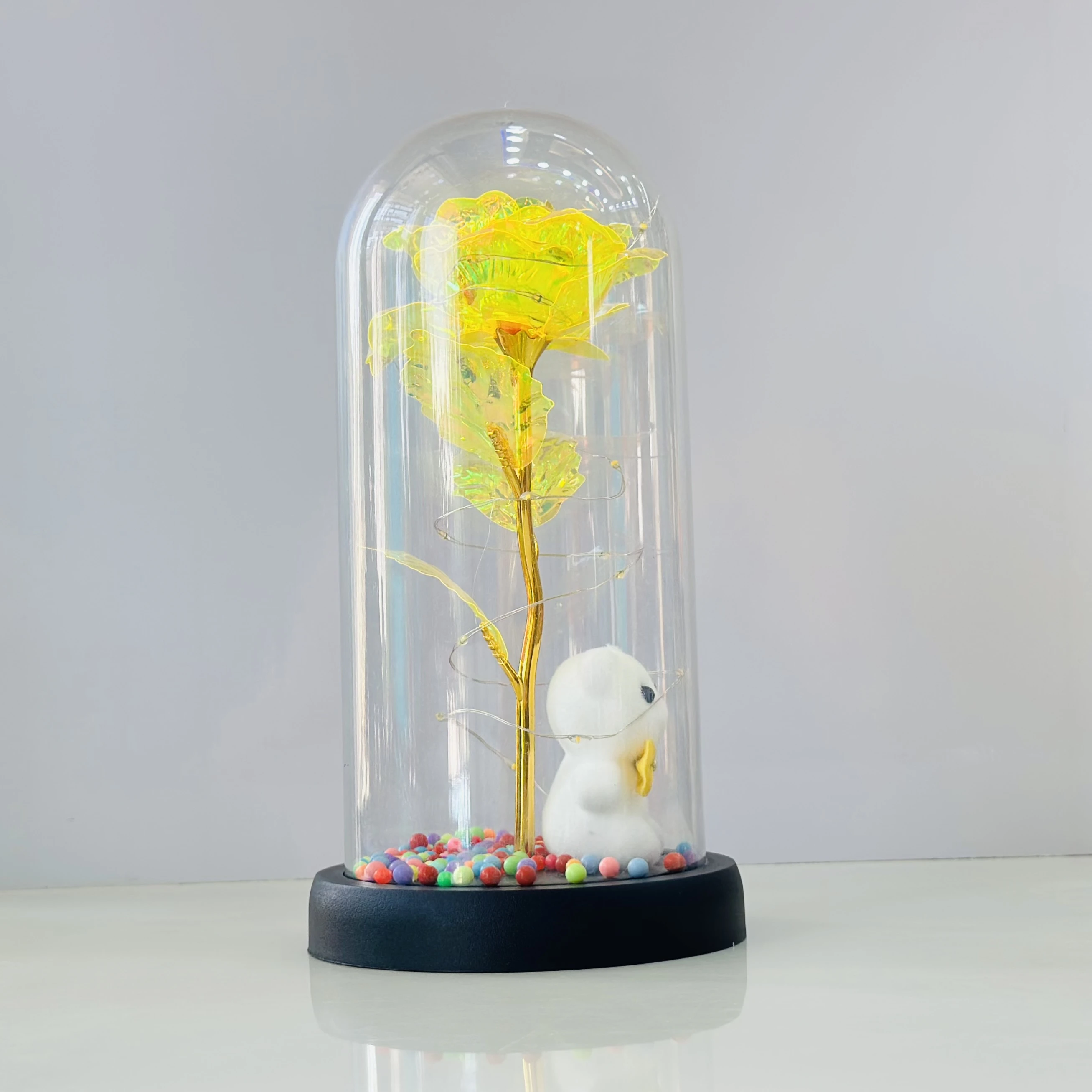 LED lamp featuring a teddy bear and a rose in a glass dome(SKU-HTQG55)