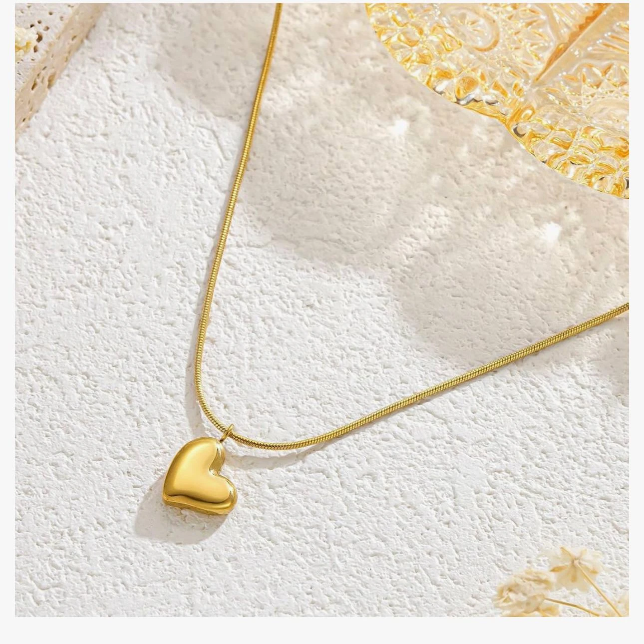 Gold plated anti-tarnish stainless steel heart pendant necklace by YC Jewelry.