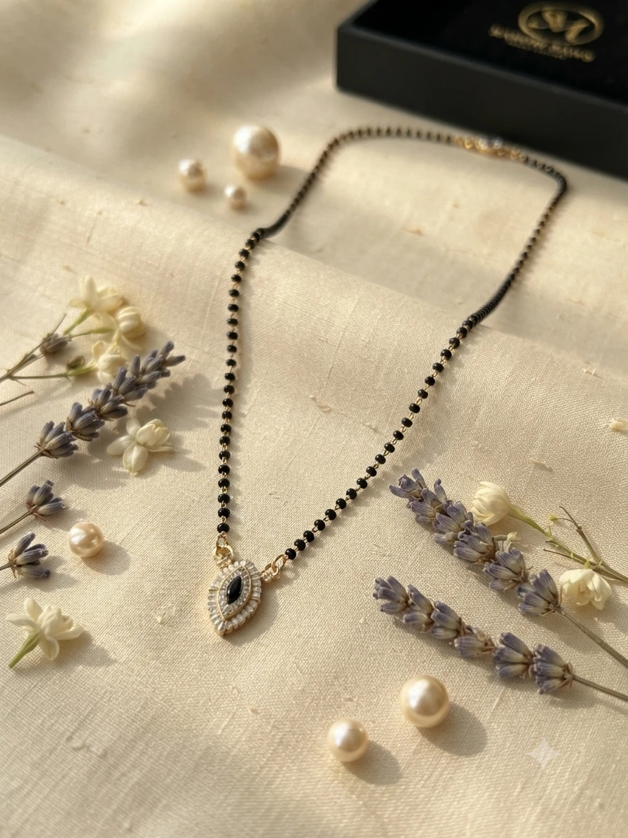 mangalsutra features a marquise-cut black stone