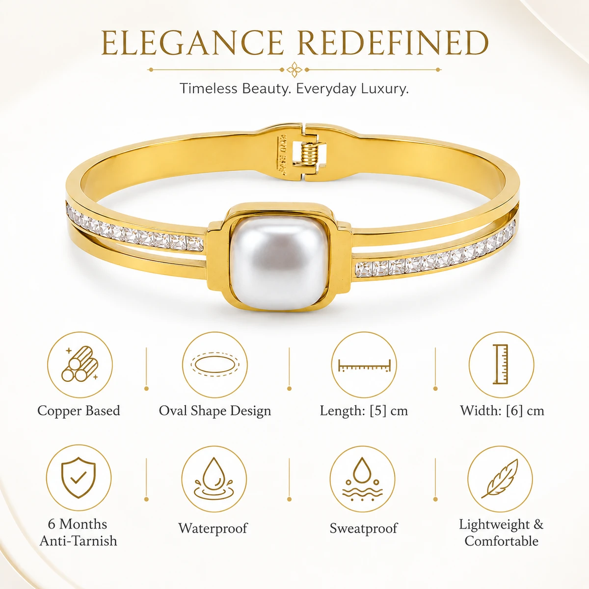 gold-plated pearl and cubic zirconia studded hinged kada