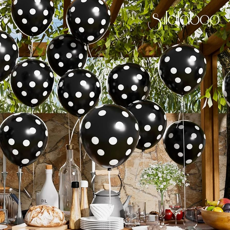 package of black party balloons with white polka dots.