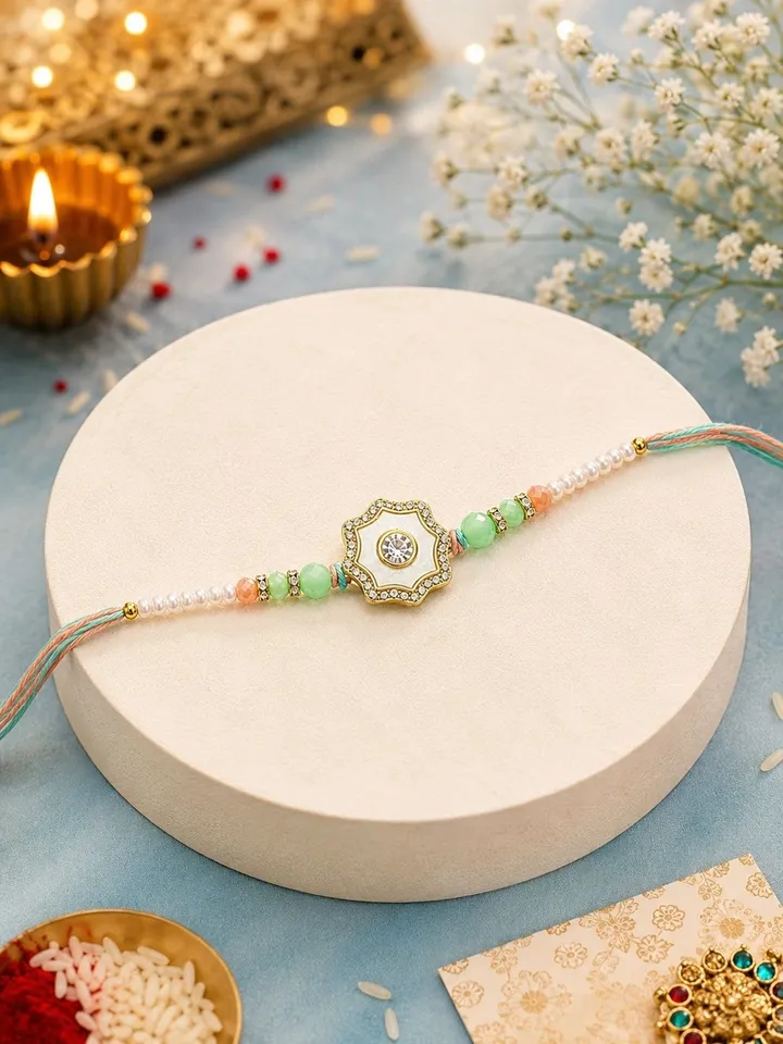 RHOSYN floral rakhi features a white and gold centerpiece with pastel green beads on an adjustable thread.