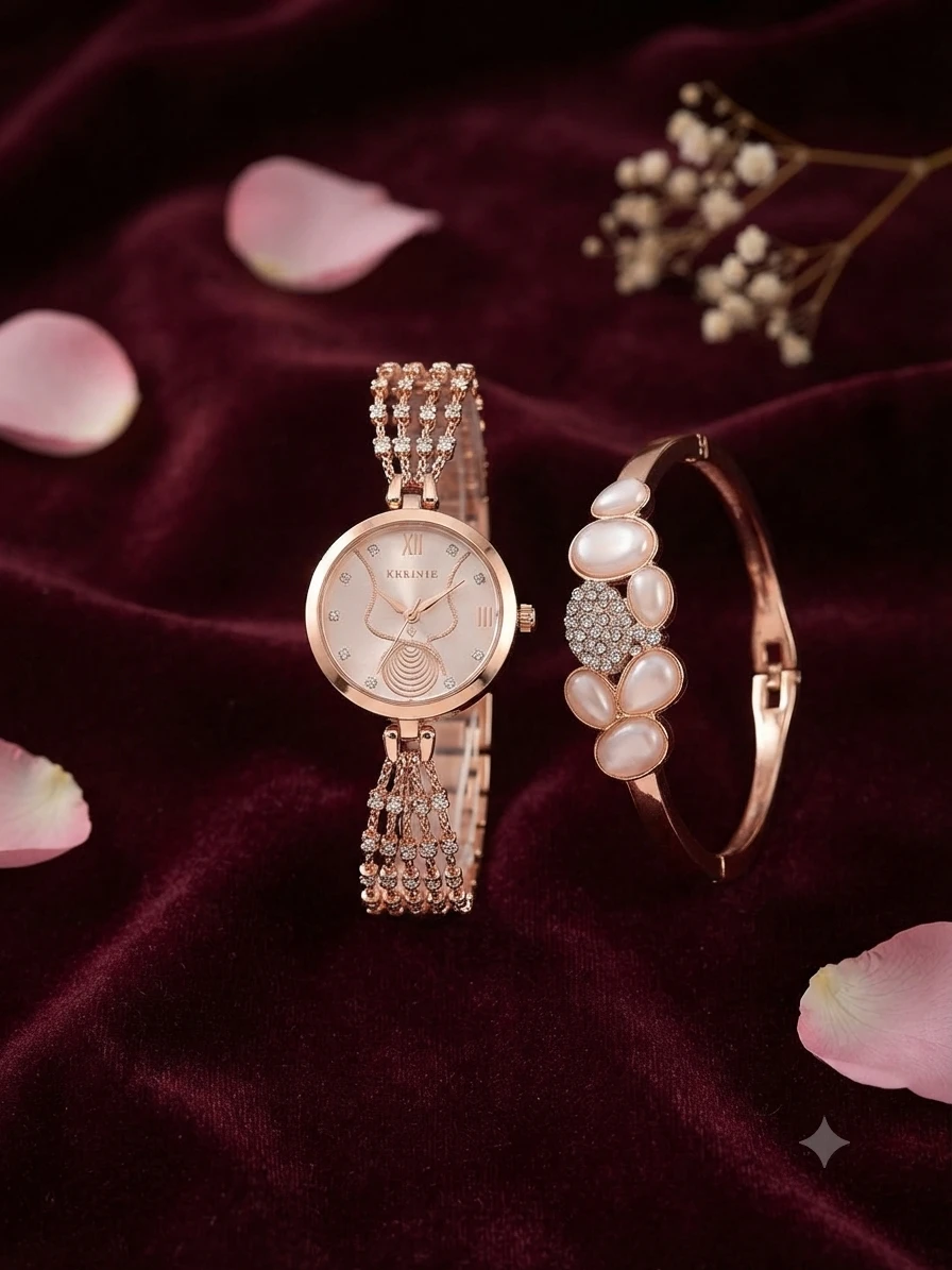 elegant rose gold watch and matching heart bracelet set