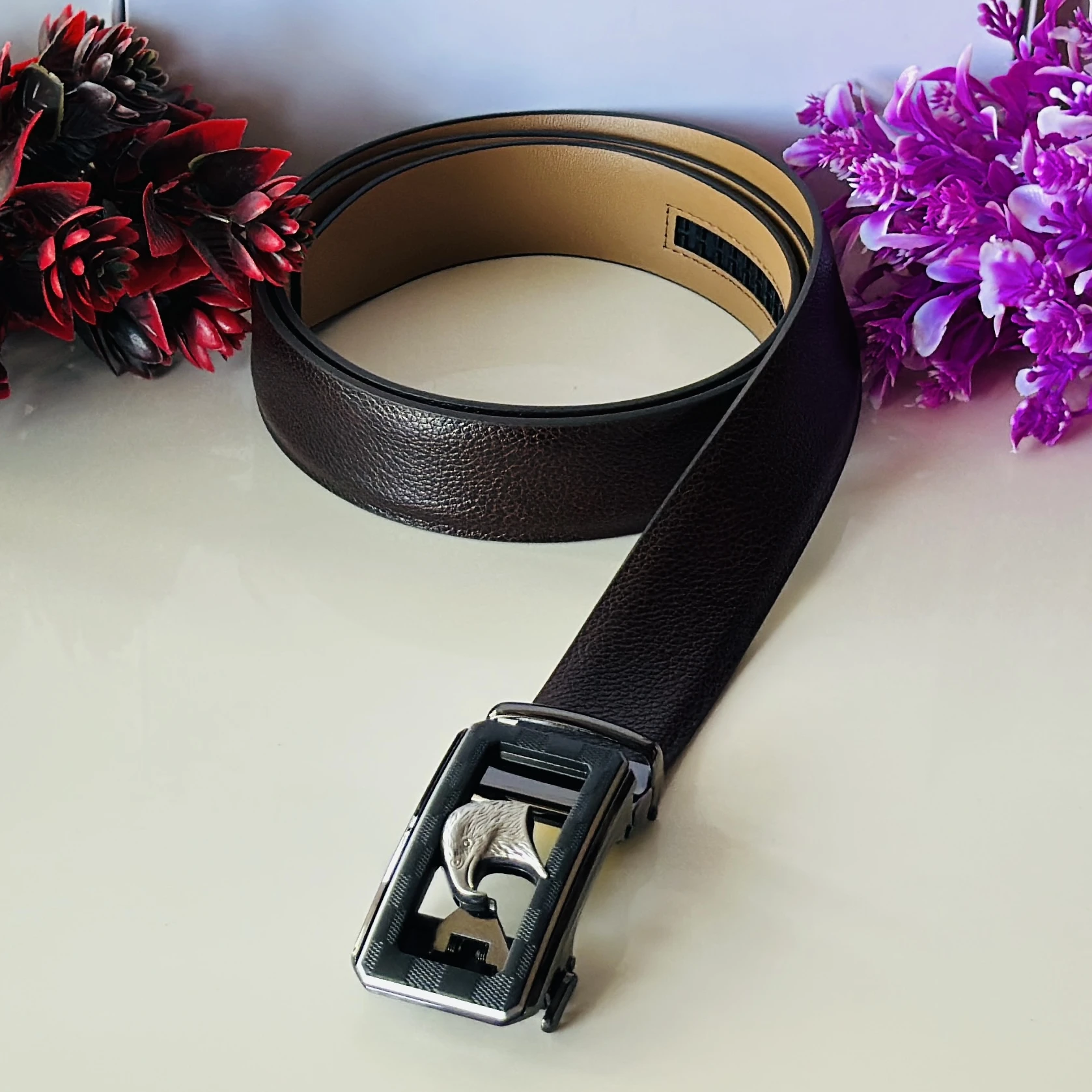 Brown leather men's ratchet belt