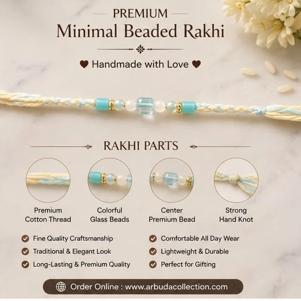 handmade, minimal beaded Rakhi featuring blue and cream braided cotton thread and glass beads.