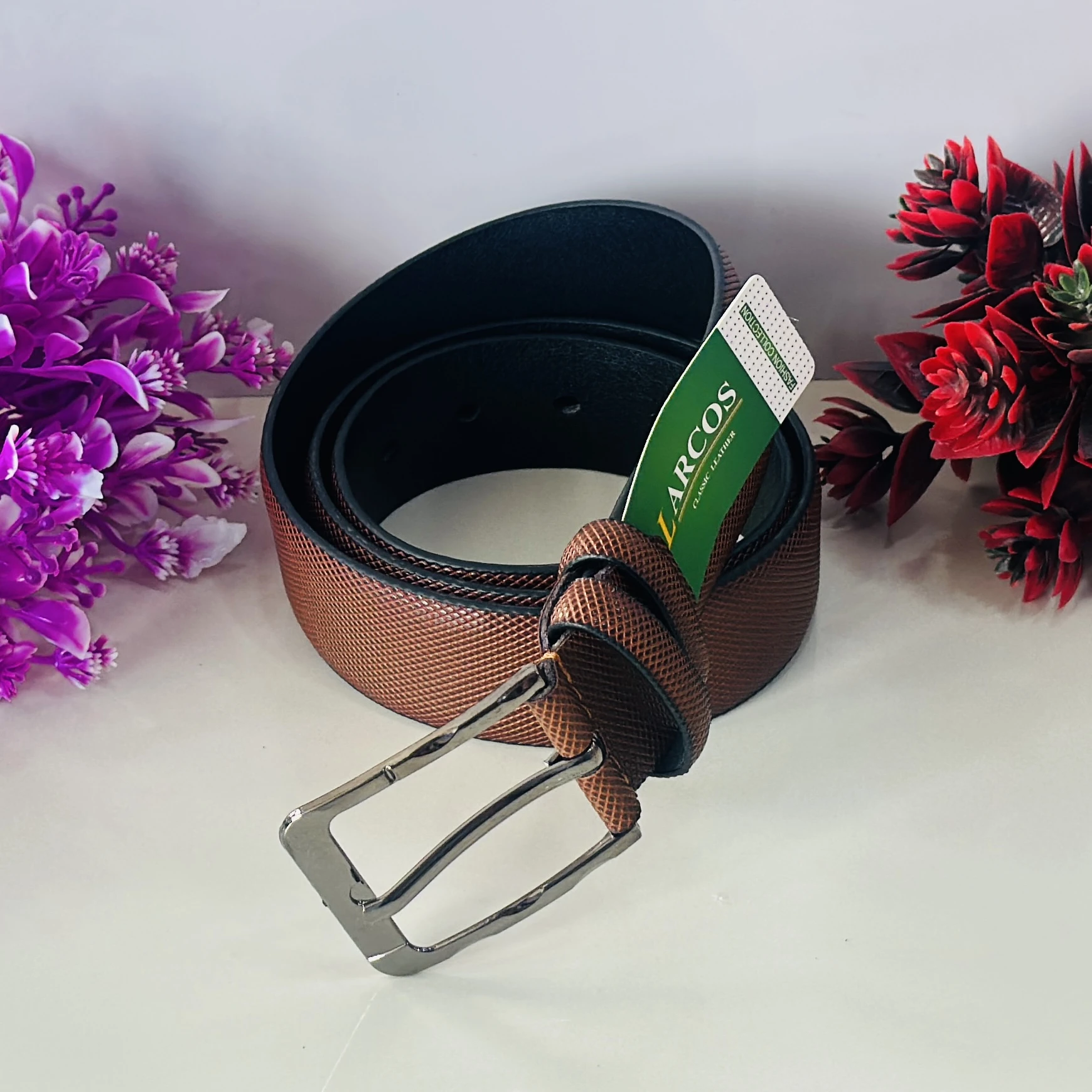 Brown textured leather belt