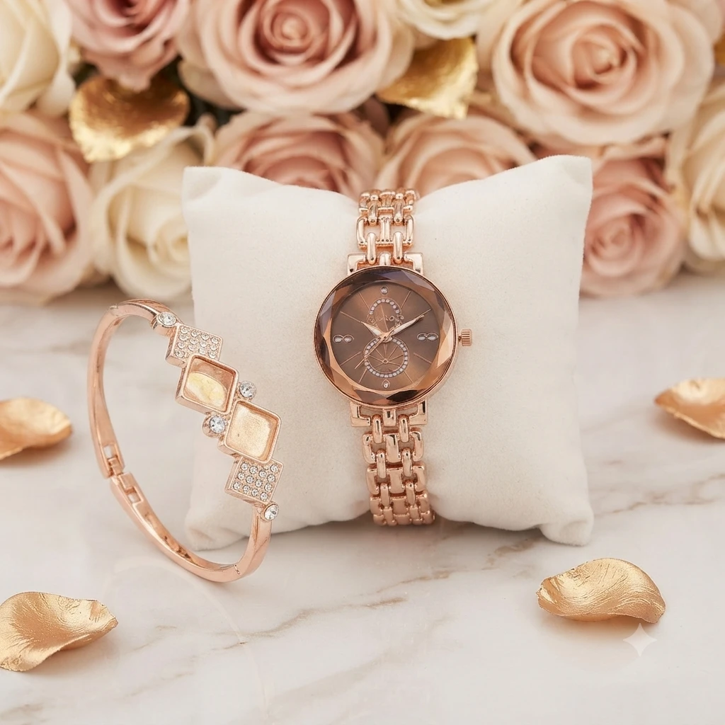 an elegant rose gold women's watch and matching crystal bracelet set