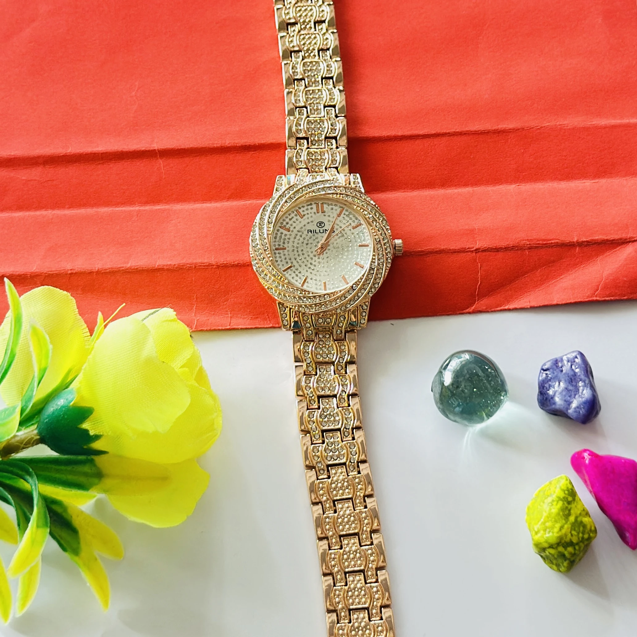 Rillins crystal-embellished gold-tone quartz watch for women.
