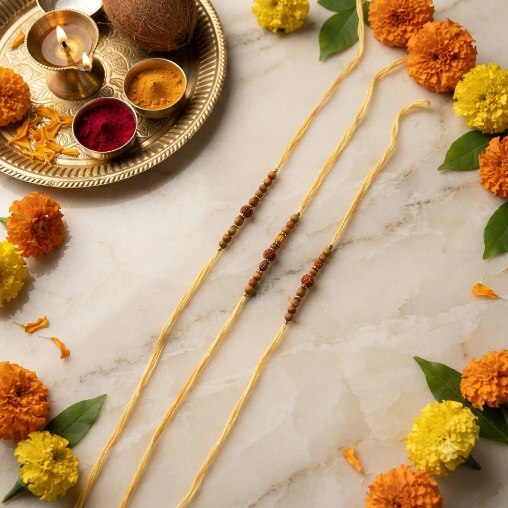 Rudraksha Rakhis featuring light-yellow cotton threads and brown wooden beads.
