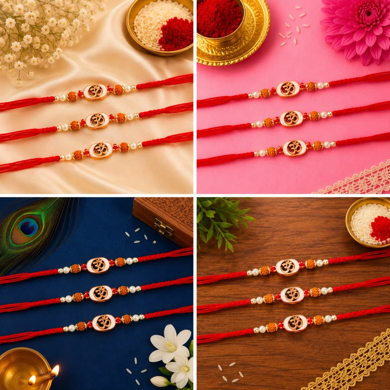 Red  threads adorned with golden "Om" symbols in white frames, accented by brown rudraksha beads and white pearls.