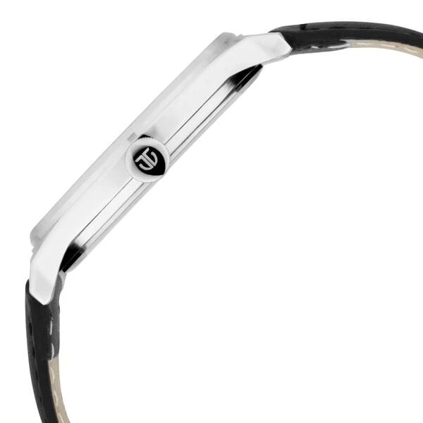 Titan analog wristwatch with a round black dial and a black leather strap