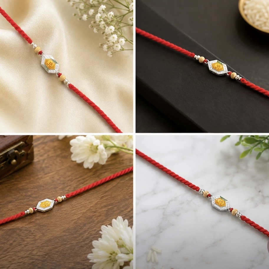 rakhi features a golden Om symbol on a hexagon charm.