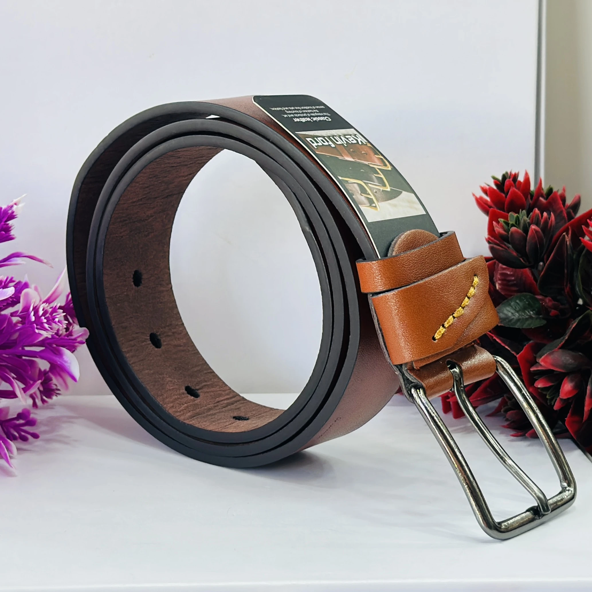 Brown leather men's belt