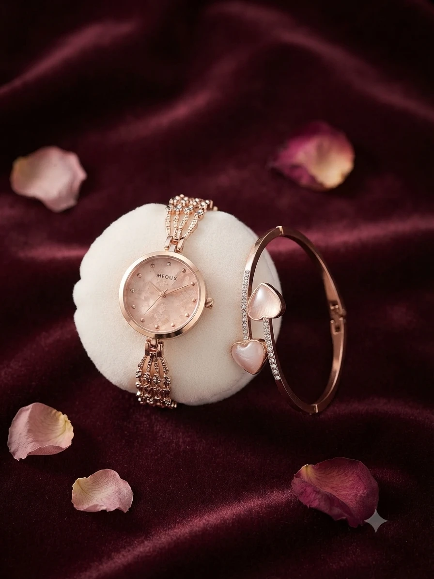 elegant rose gold watch and matching heart bracelet set