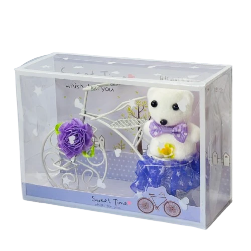 White Plastic Cycle with Teddy Bear and Rose Petals Gift Box