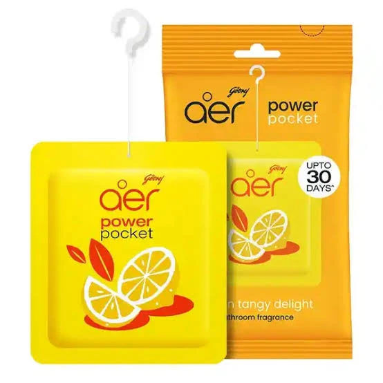 Godrej aer Power Pocket bathroom fragrance in the Lemon Tangy Delight scent