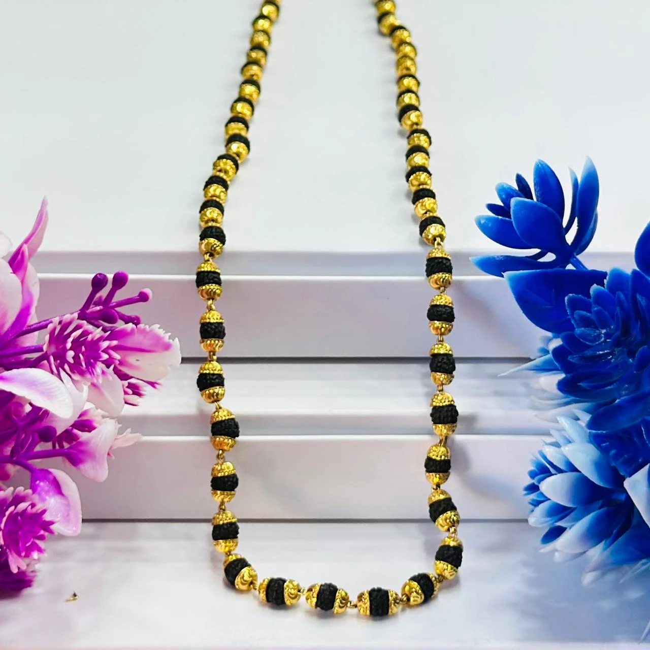 Golden Flower Brown Rudraksha Mala