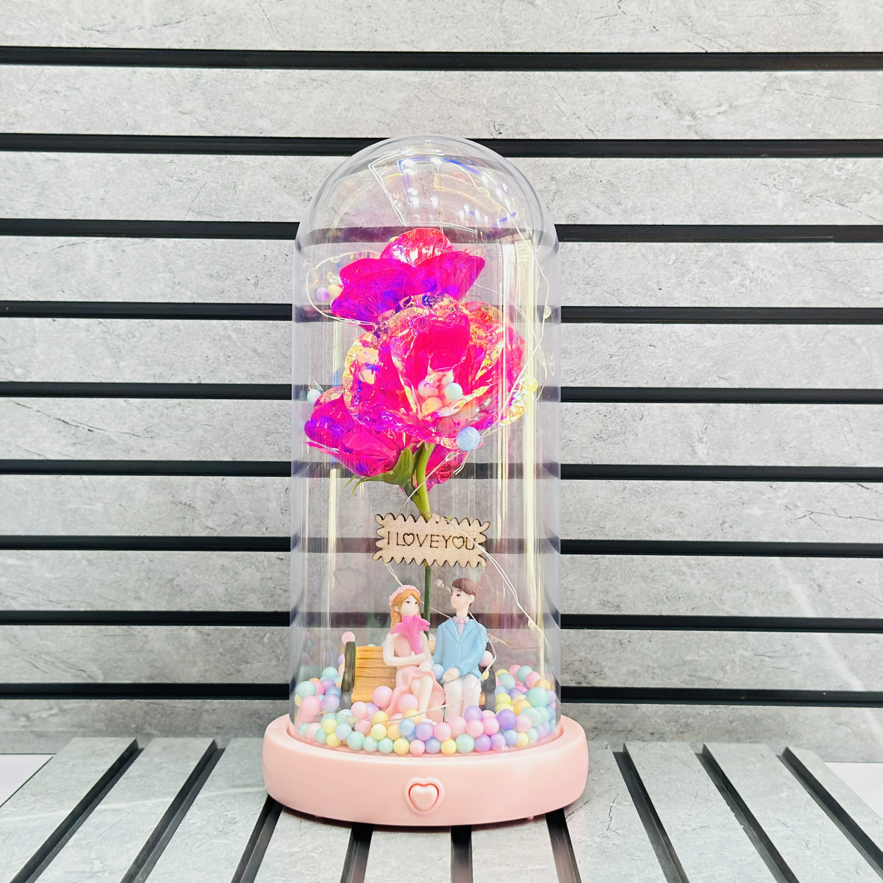 Rose flower with LED lights inside a glass domeSKU-VH833W)