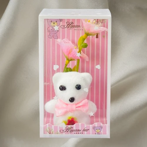 White teddy bear and artificial flower gift set
