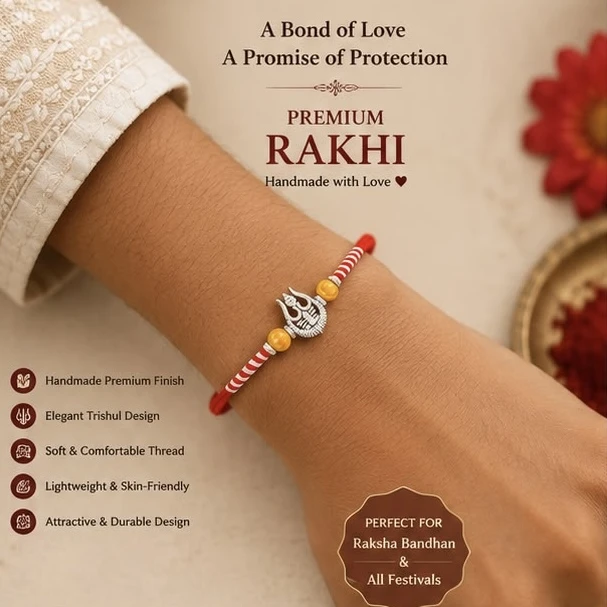 silver-plated trishul charm on a red braided thread.