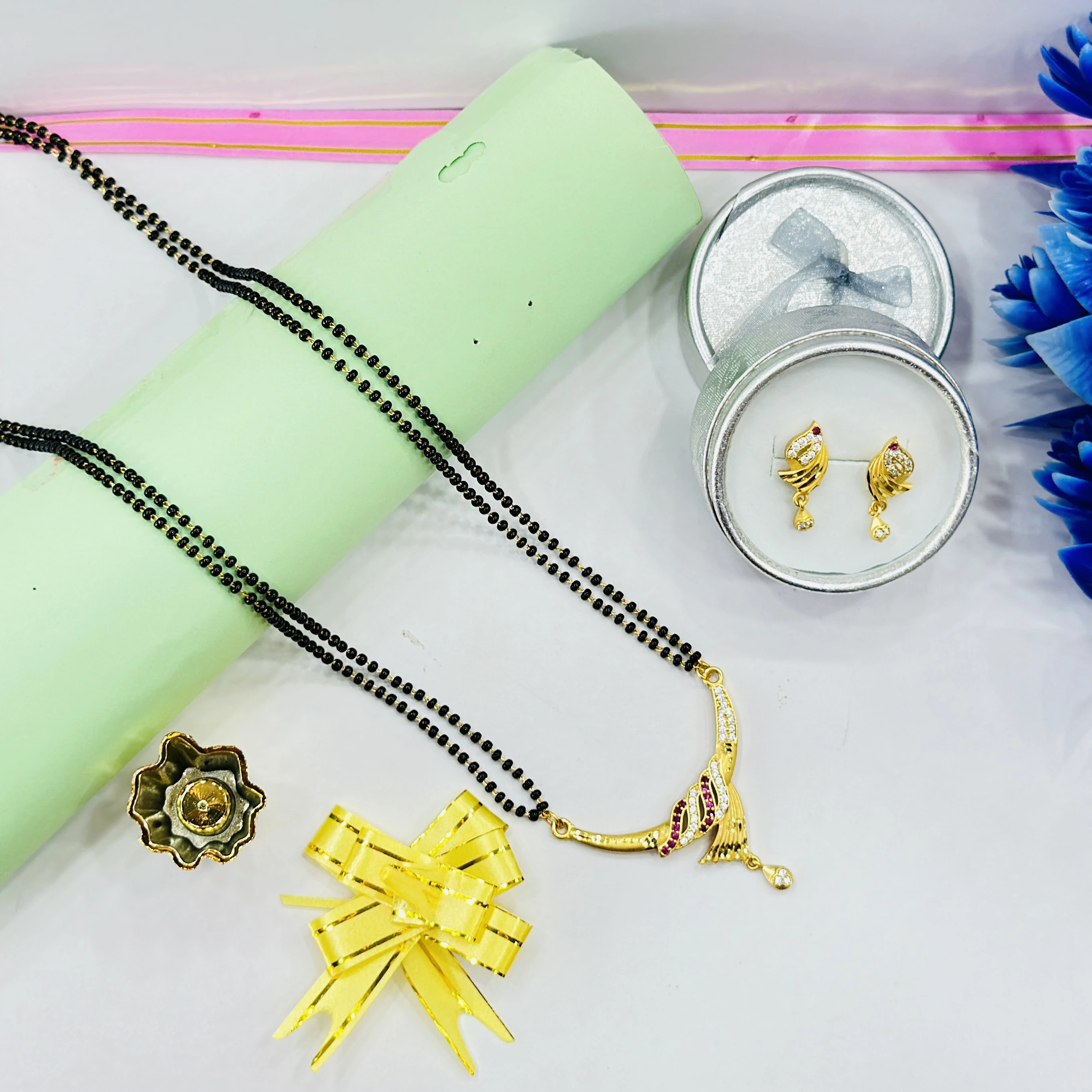 Gold plated brass mangalsutra necklace and earring set