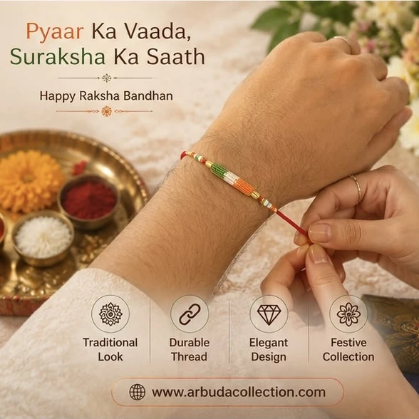 tricolor bead rakhi features a cylindrical charm adorned with saffron, white, and green beads