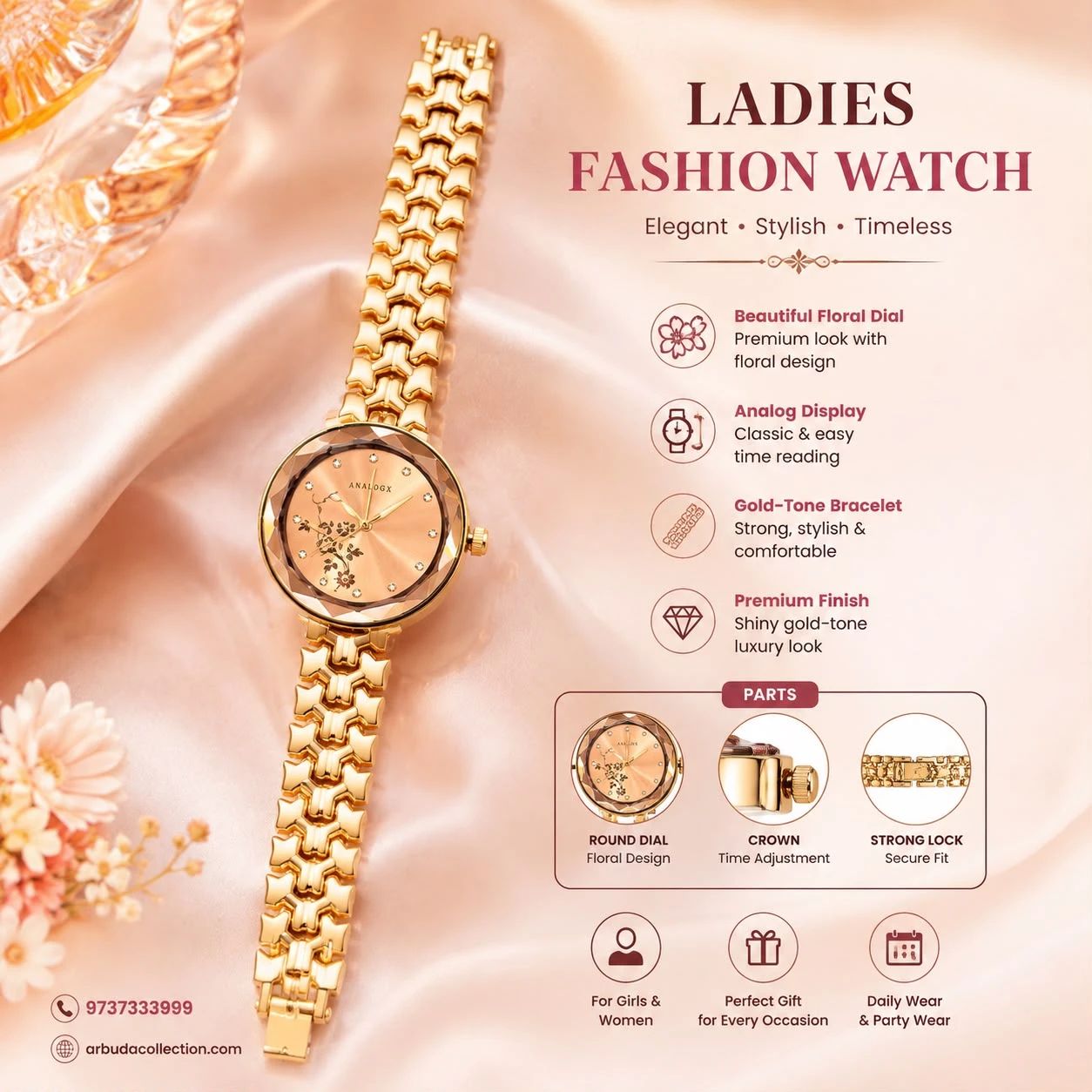 Ladies Analog Watch & Bracelet Combo