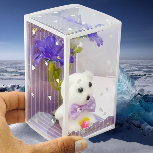 White teddy bear gift set with purple flowers