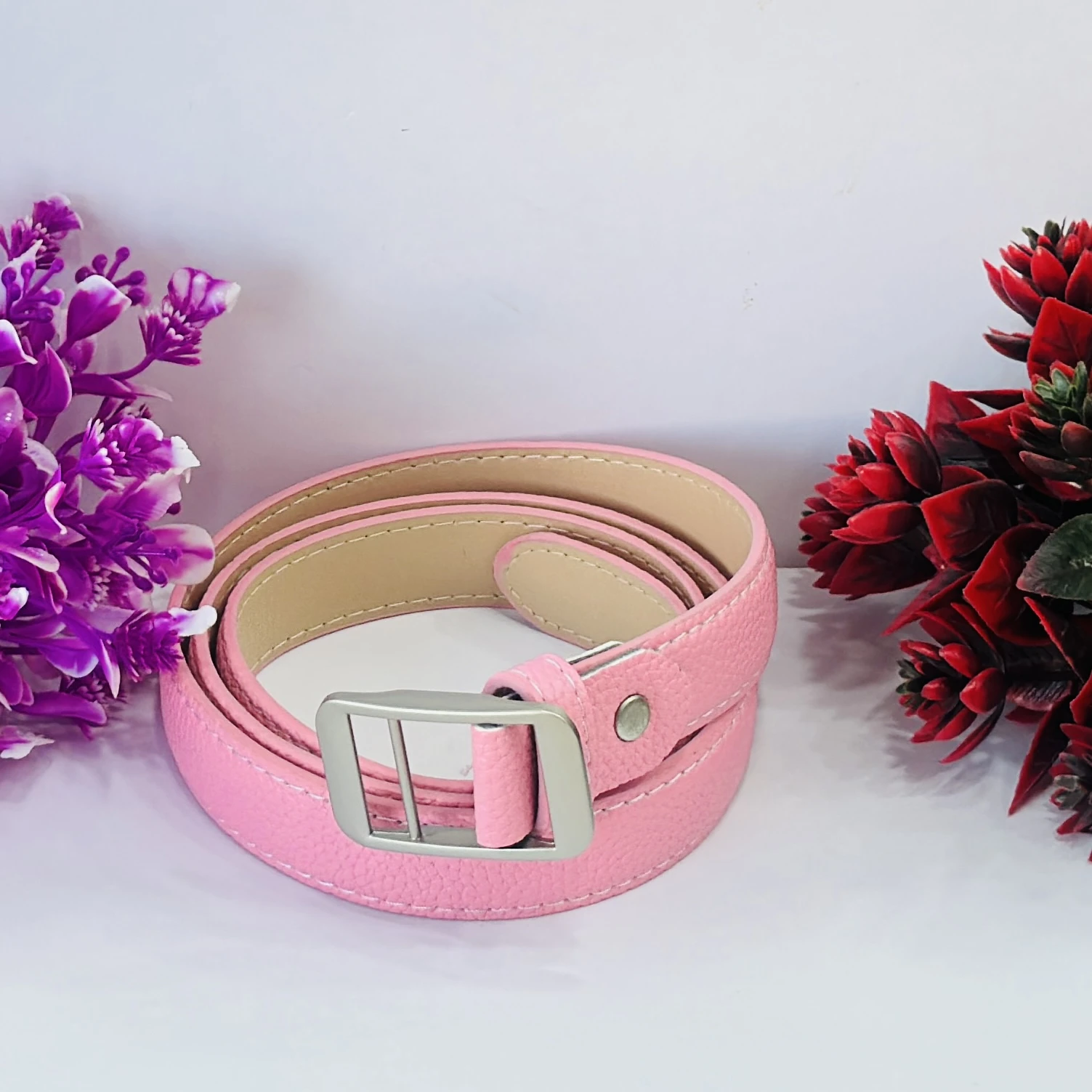 Pink vegan leather women's belt