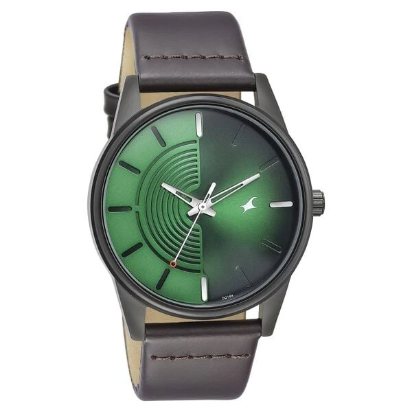 Quartz Analog Green Dial Brown Leather Strap Watch…. model 3305NL01.