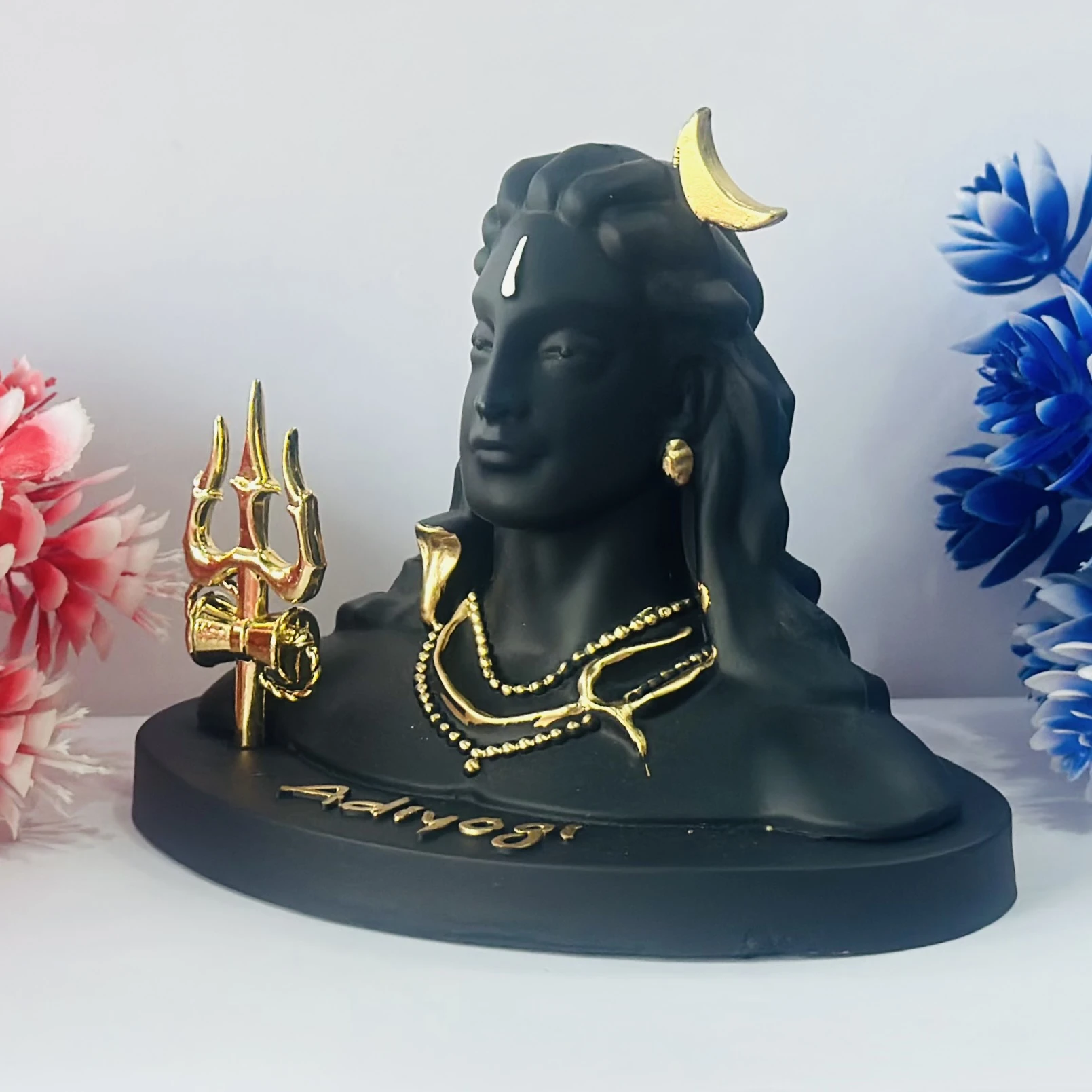 Black Adiyogi Shiva statue with a golden Trishul and crescent moon.(SKU-5I564U)