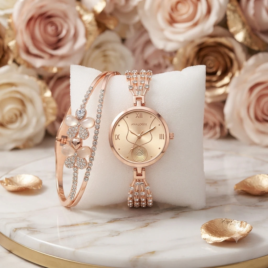 Analogx rose gold analog watch paired with a matching floral crystal-studded bracelet.