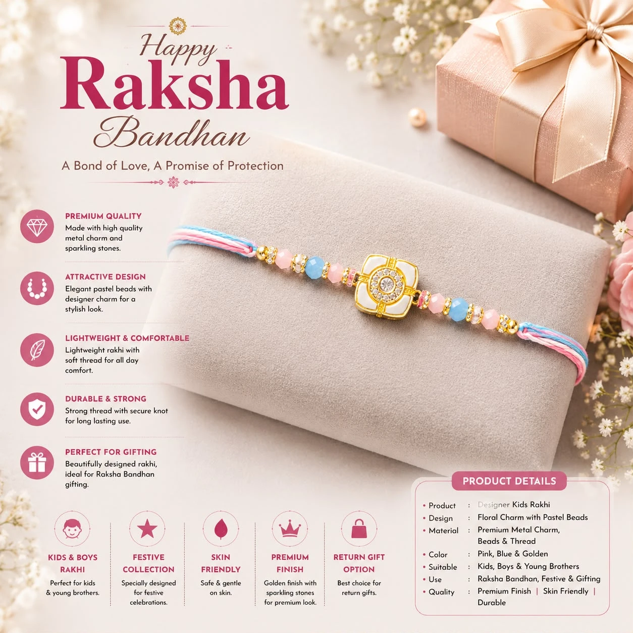 designer rakhi featuring a square metal charm with sparkling stones and pastel beads.