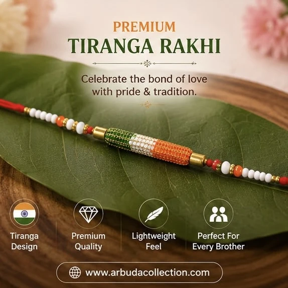 tricolor bead rakhi features a cylindrical charm adorned with saffron, white, and green beads