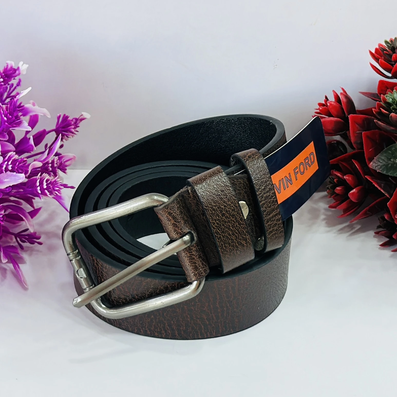 Brown leather men's belt