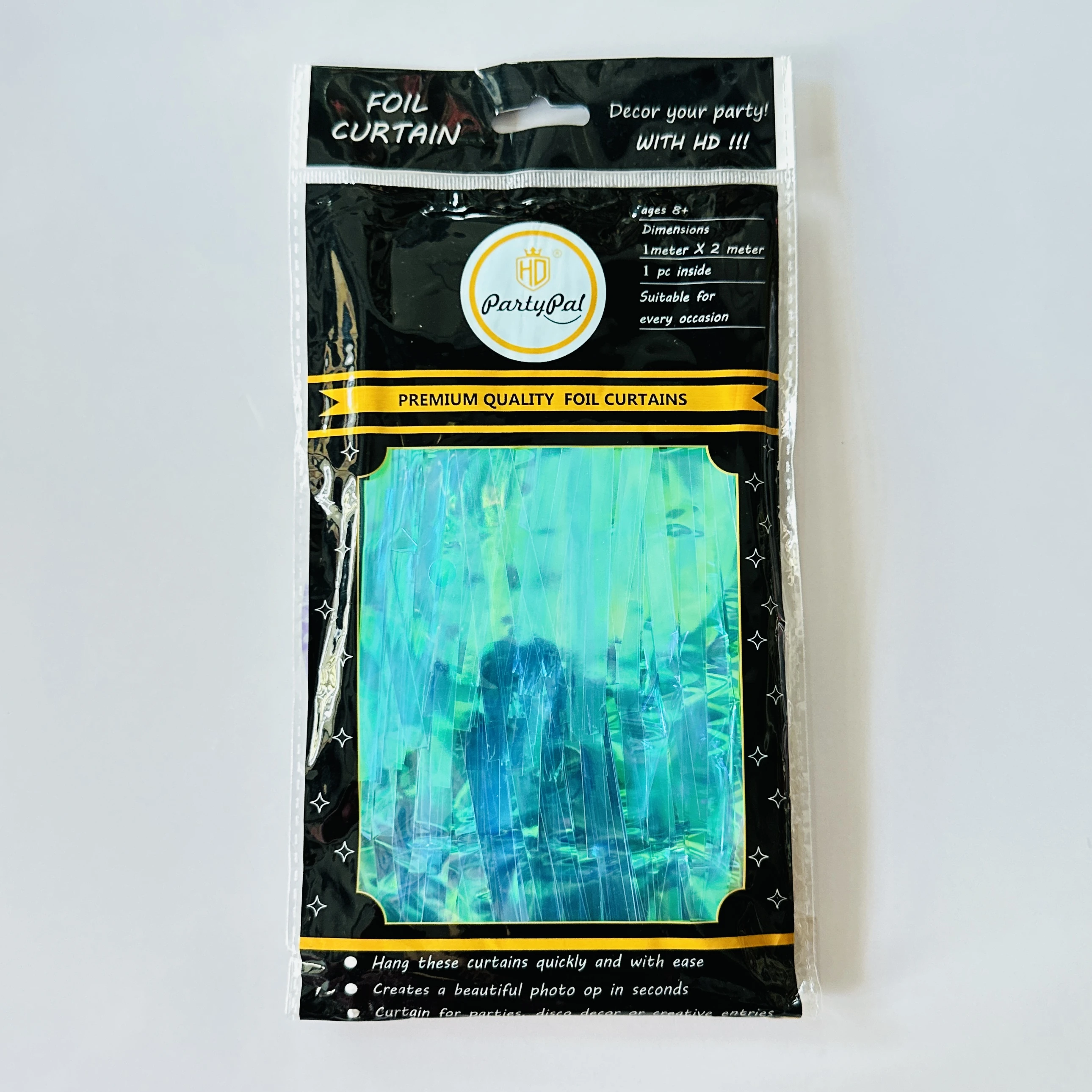 PartyPal iridescent blue metallic foil fringe curtain decoration